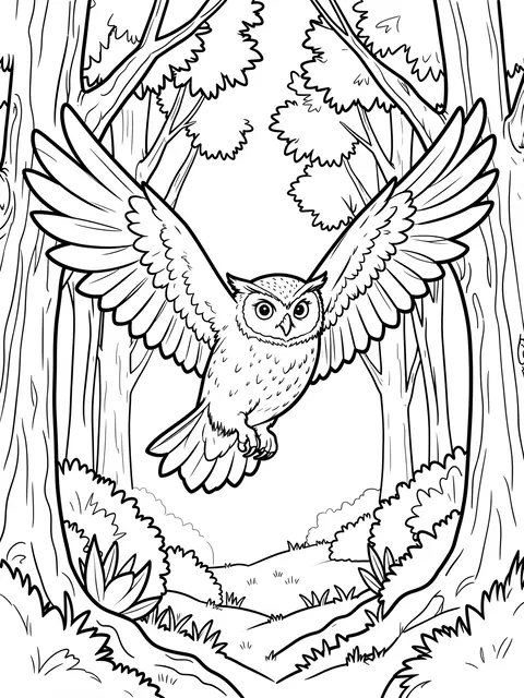 Bold black line art of an owl with spread wings flying through a forest clearing, formatted as a coloring page