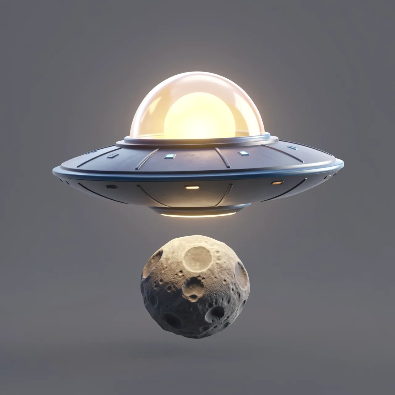 Cute 3D flying saucer with a glowing dome hovers above a cratered small moon against a plain gray background