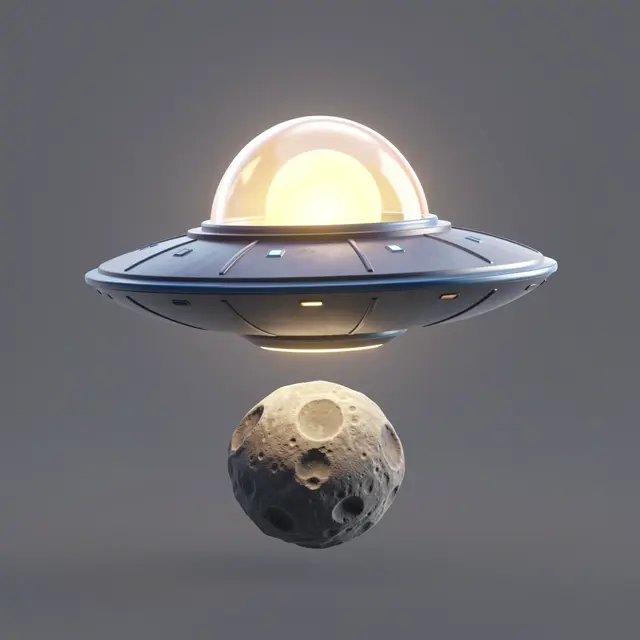 Cute 3D flying saucer with a glowing dome hovers above a cratered small moon against a plain gray background