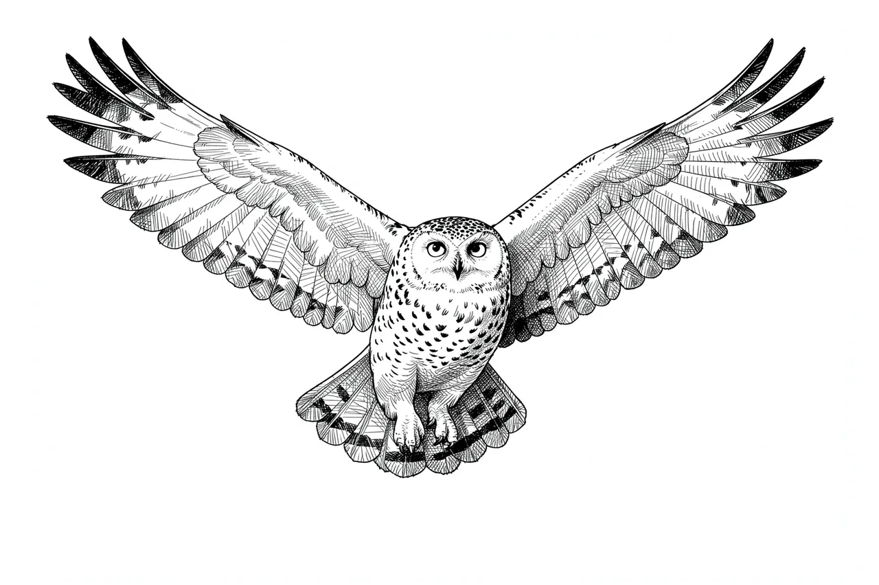 Pen and ink cross-hatch drawing of a snowy owl in flight with fully spread wings on a white background