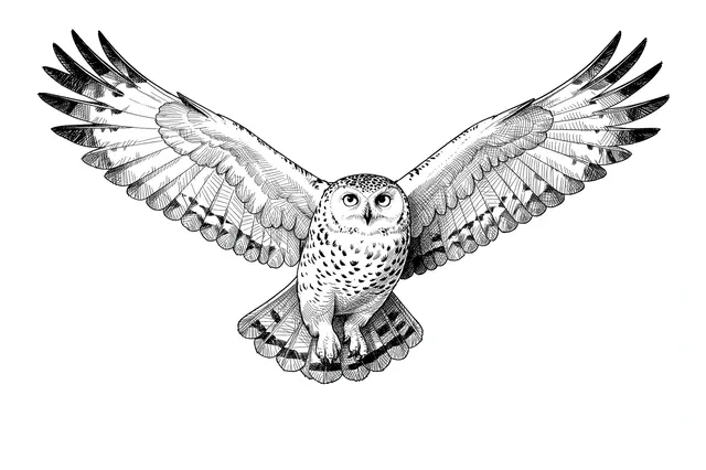 Pen and ink cross-hatch drawing of a snowy owl in flight with fully spread wings on a white background