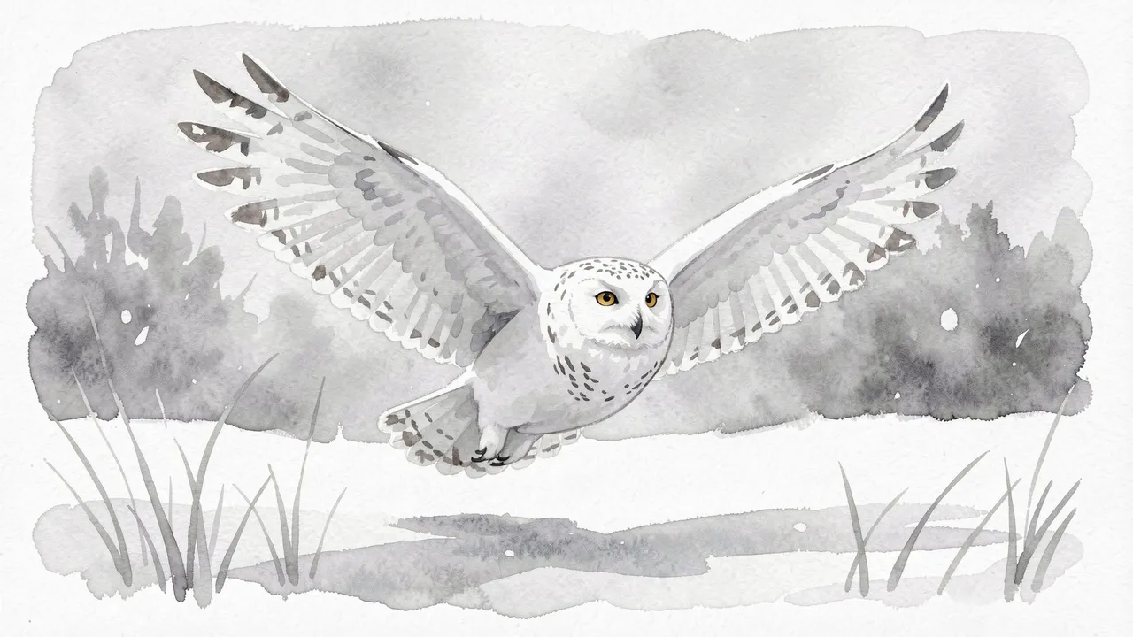 Watercolor painting of a snowy owl in flight over a quiet winter field