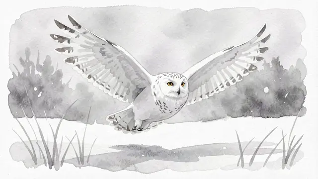 Watercolor painting of a snowy owl in flight over a quiet winter field