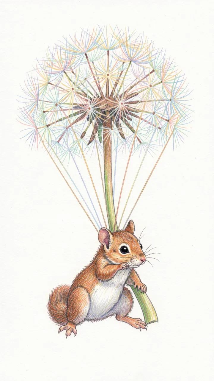Cute small squirrel floats downward holding a large dandelion puff like a parachute in a colored pencil drawing