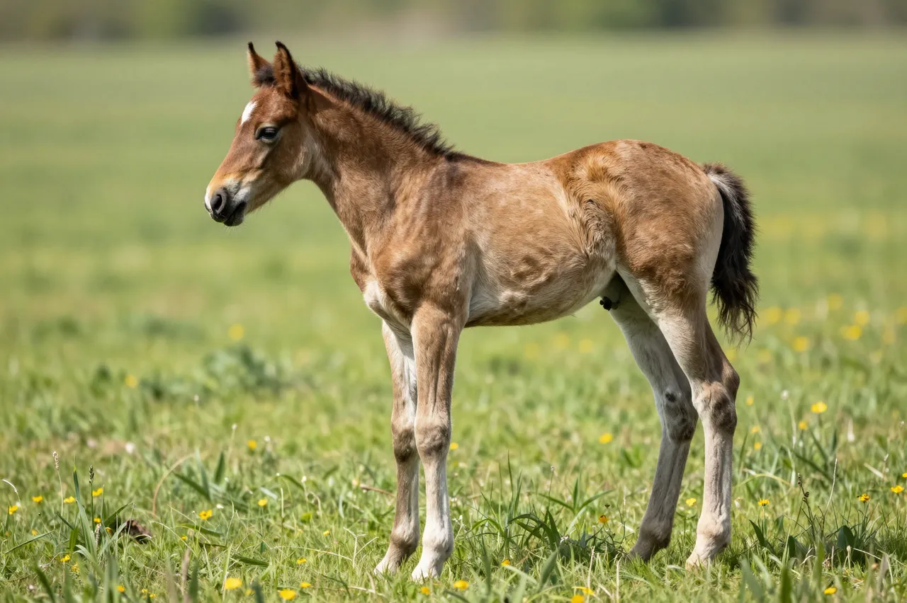 A young brown foal stands alone in a sunlit grassy meadow dotted with small yellow wildflowers