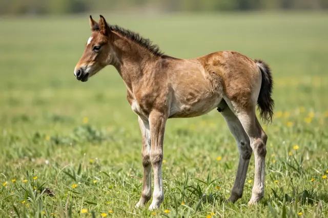 A young brown foal stands alone in a sunlit grassy meadow dotted with small yellow wildflowers