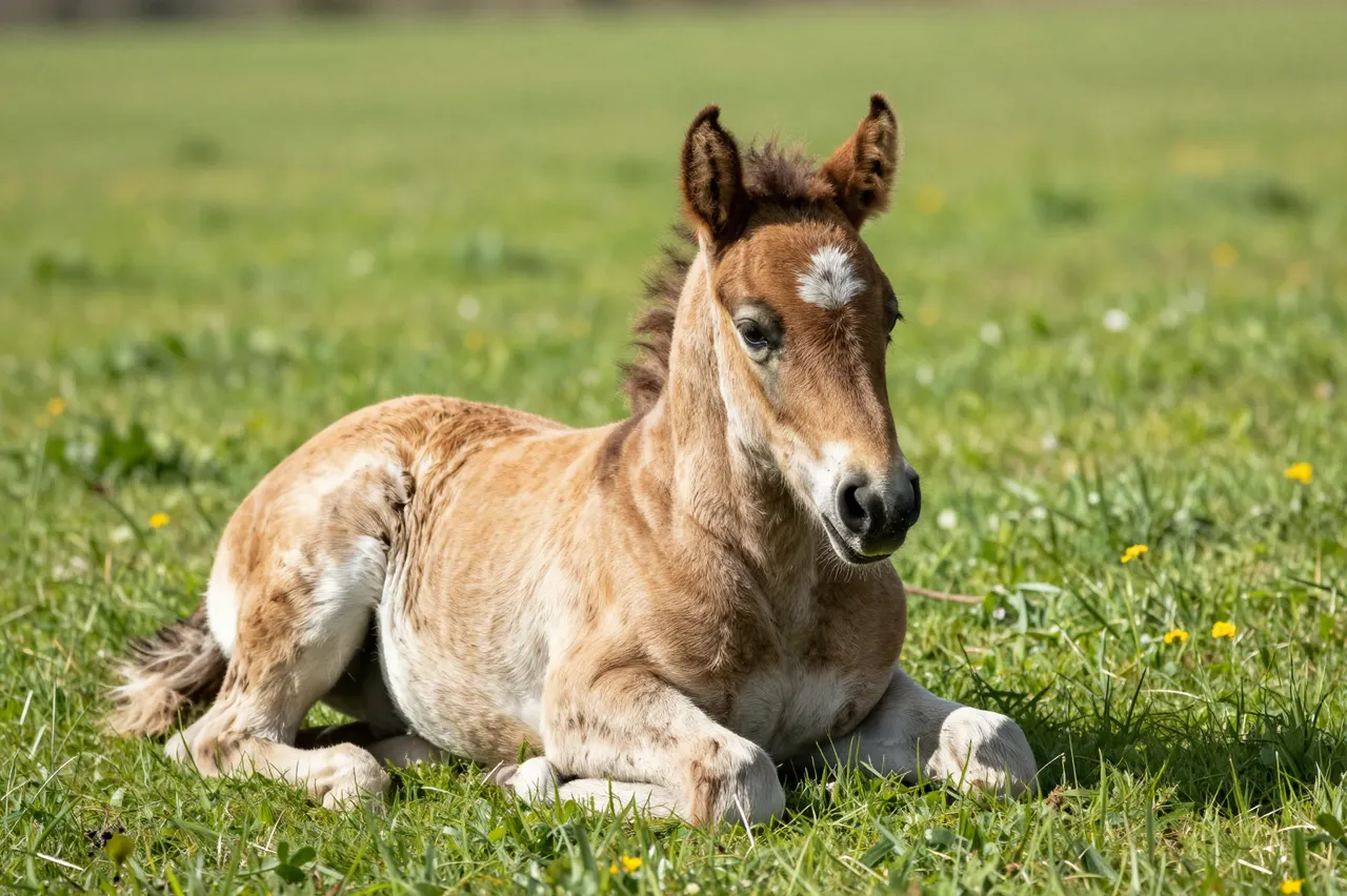 A young fluffy foal rests lying down in sunlit green grass dotted with small yellow wildflowers.