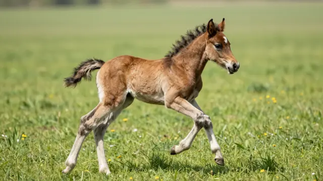 A fluffy young brown foal runs across a sunlit green grassy field with dandelions, tail raised.