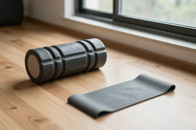 Gray textured foam roller and folded gray resistance band rest on a light wooden floor next to a bright window