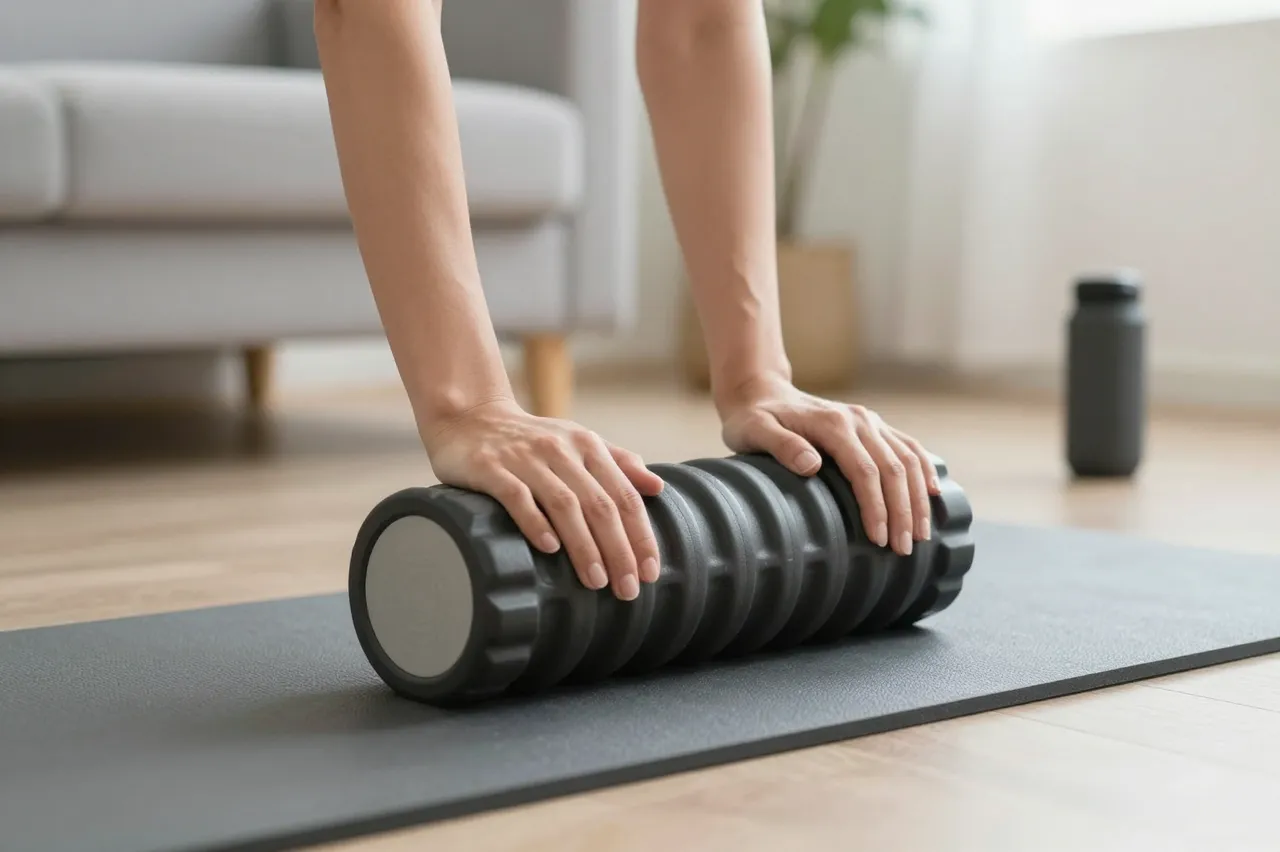 A person rests both hands on a textured foam roller placed on a dark exercise mat indoors.