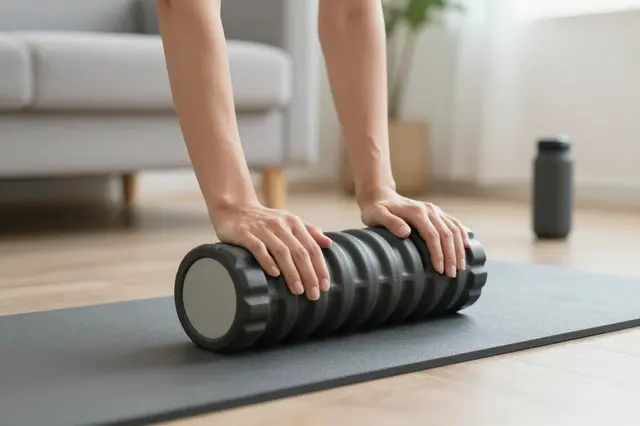 A person rests both hands on a textured foam roller placed on a dark exercise mat indoors.