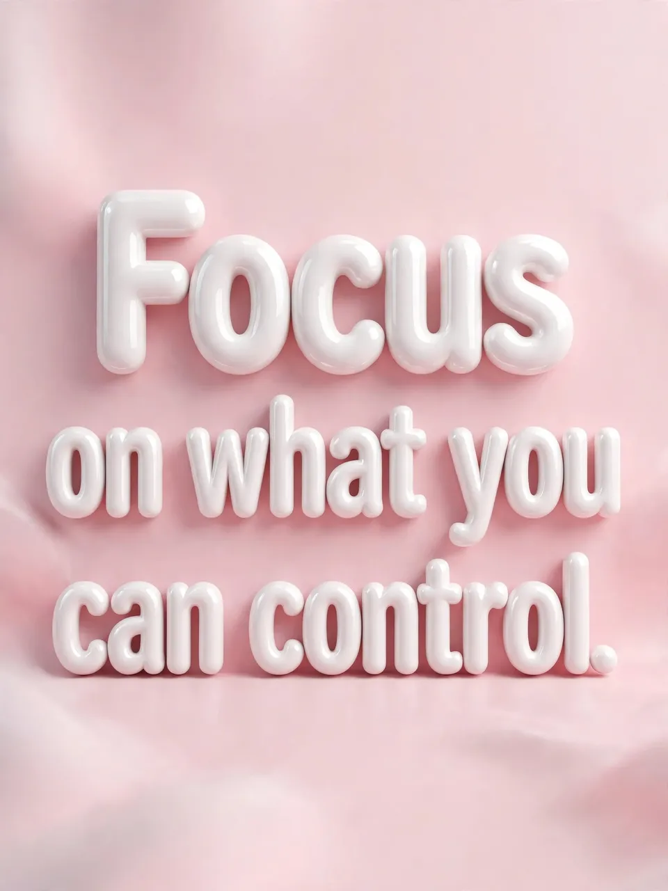 Glossy white 3D bubble lettering spelling "Focus on what you can control." on a soft pastel pink background
