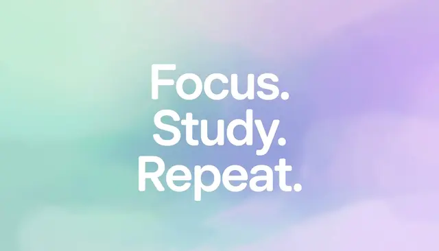 Centered rounded white text reading "Focus. Study. Repeat." over a soft mint to lavender pastel gradient background.