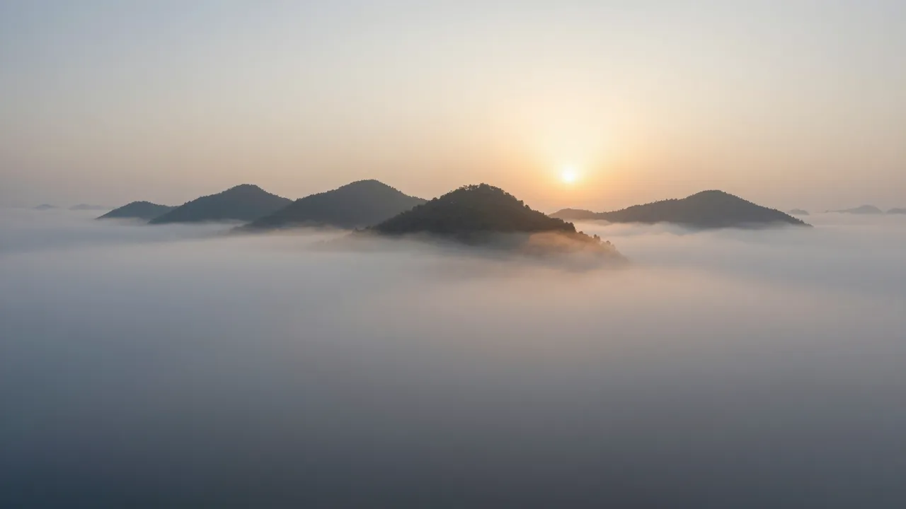 Warm sunrise light illuminates forested hilltops rising above a thick sea of morning fog