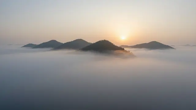 Warm sunrise light illuminates forested hilltops rising above a thick sea of morning fog
