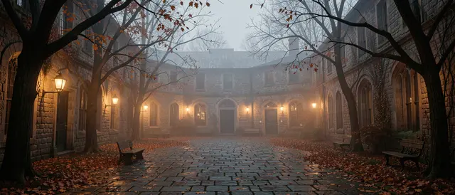 Misty old stone academic courtyard glows with warm lamplight on a foggy autumn evening