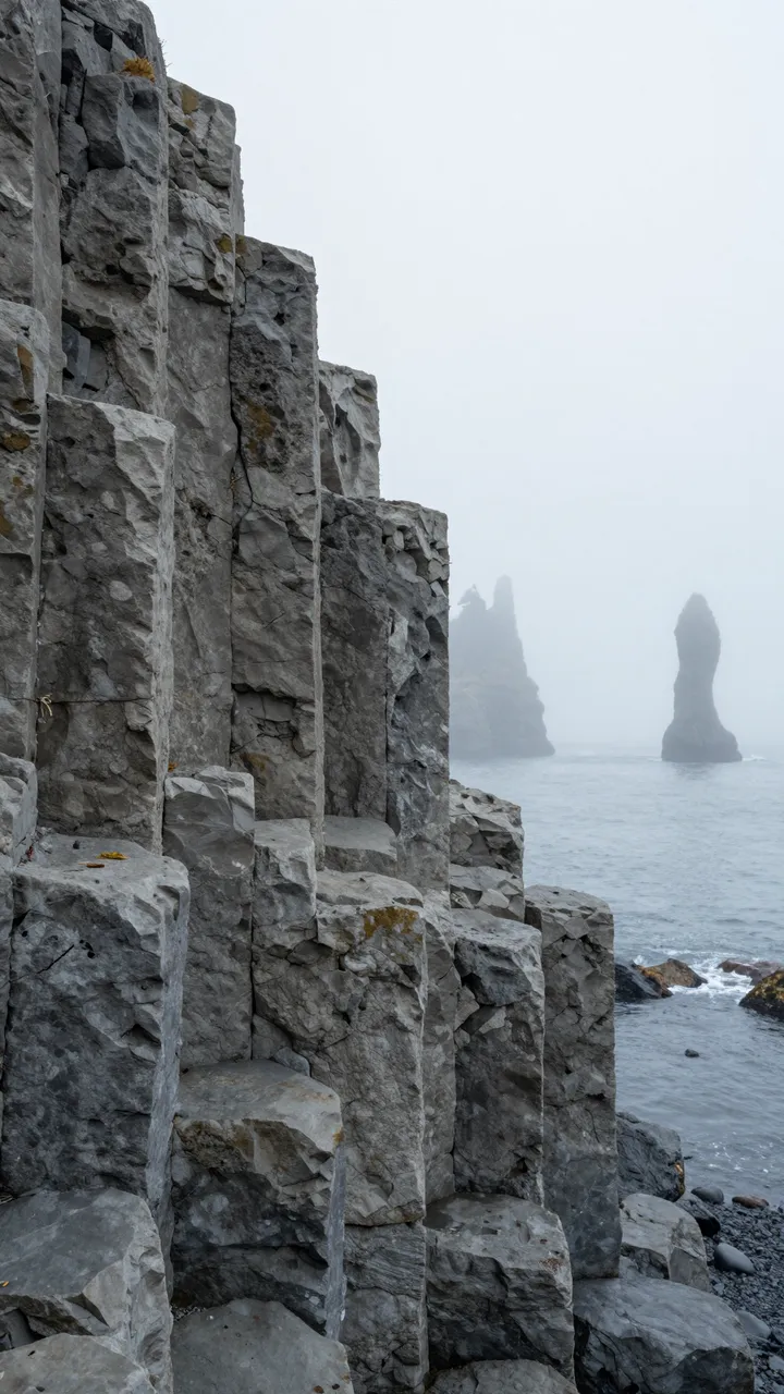 Columnar basalt cliff overlooks fog shrouded sea stacks on a misty coast