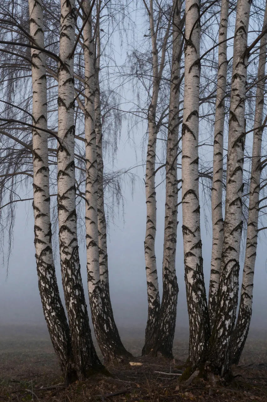 Leafless white birch trunks stand in thick gray dawn fog across the forest floor