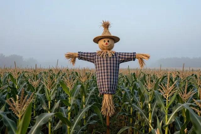 A friendly straw scarecrow stands in a dense misty cornfield at overcast dusk.
