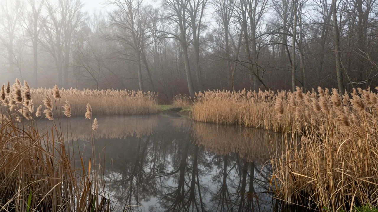 Still reflective pond bordered by dry reeds and bare trees under thick morning fog at gray dawn