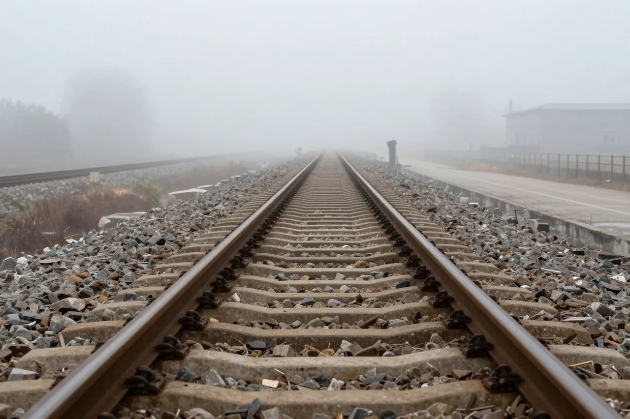 Straight empty railway tracks stretch away from the viewer into thick hazy fog
