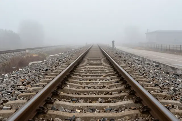 Straight empty railway tracks stretch away from the viewer into thick hazy fog
