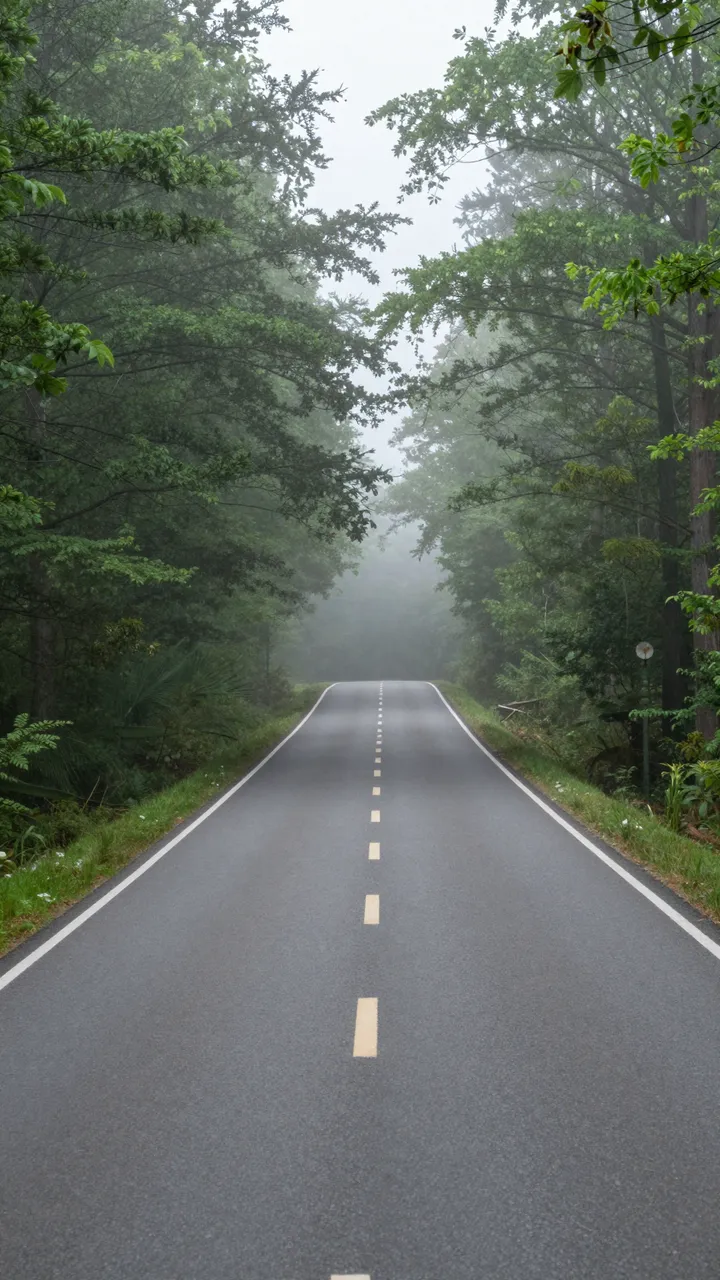 A paved two-lane road stretches straight into thick fog between dense green forest trees.