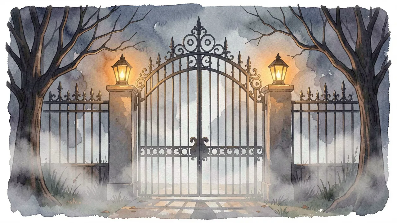Watercolor illustration of an ornate wrought iron gate flanked by glowing lanterns and bare trees on a foggy Halloween night