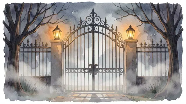Watercolor illustration of an ornate wrought iron gate flanked by glowing lanterns and bare trees on a foggy Halloween night