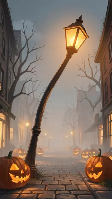 Glowing crooked lamppost stands between lit jack-o'-lanterns on a foggy cobblestone Halloween street