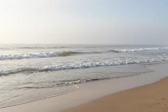 Soft rolling waves lap a sandy beach beneath hazy morning fog over the ocean