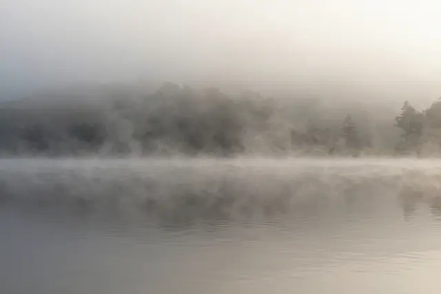 Soft rolling morning fog blankets a calm still lake and distant forested shoreline