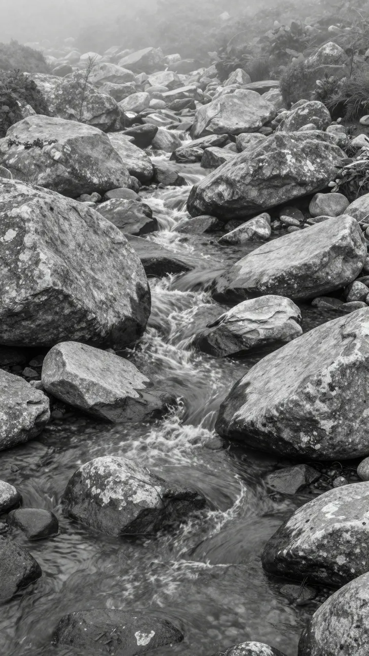 Black and white view of a rushing mountain stream flowing between smooth boulders in thick fog