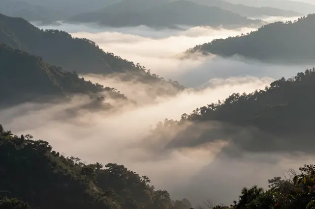 Warm sunrise light spills over layered mountain ridges while mist fills the forested valley below