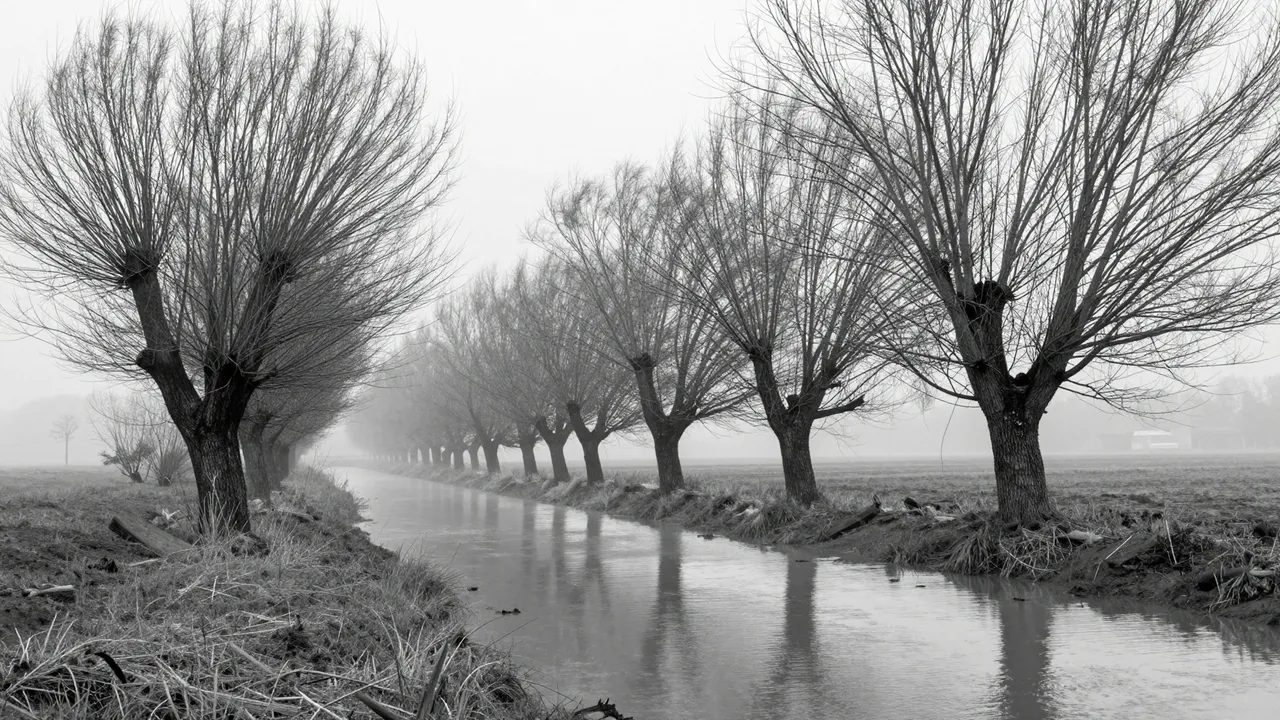 Black and white view of pollarded willow trees lining a calm flooded ditch in thick winter fog