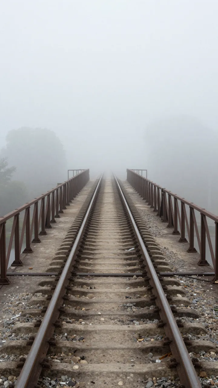 Railway tracks extend straight along a metal-railed bridge into thick, obscuring fog