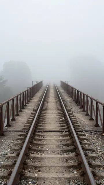 Railway tracks extend straight along a metal-railed bridge into thick, obscuring fog