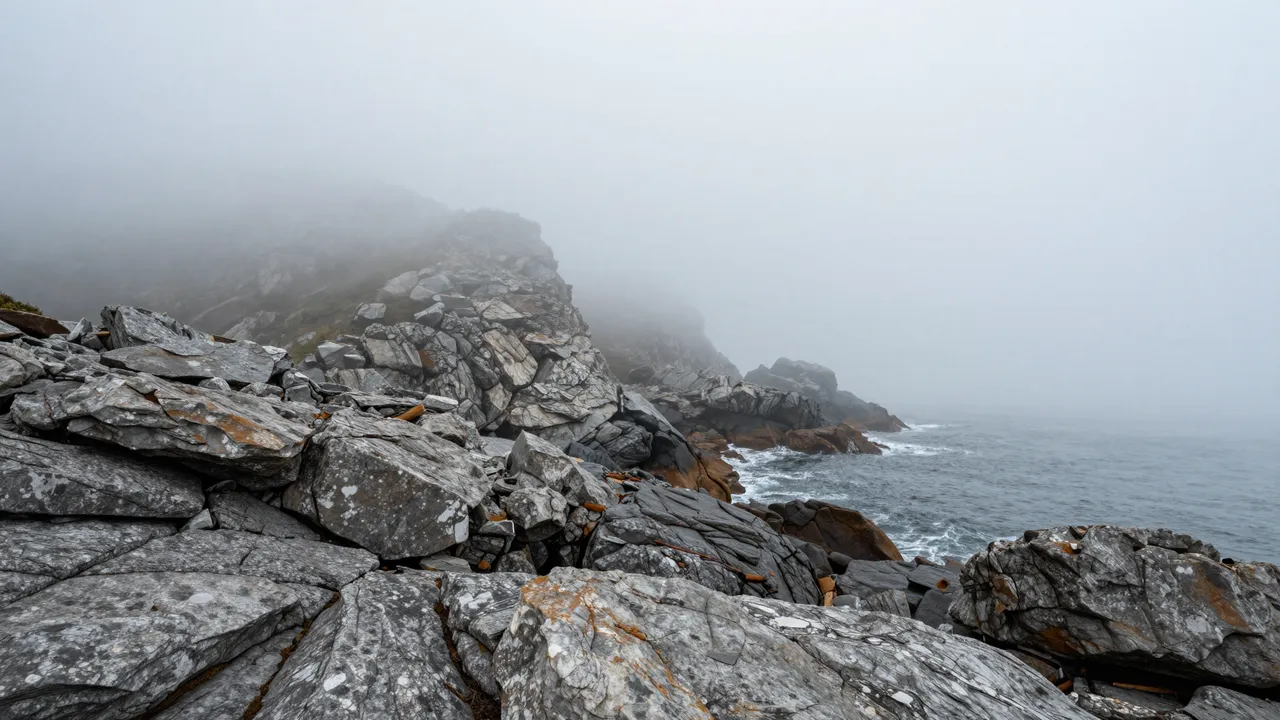 Thick fog drifts over a jagged rocky coastline beside churning gray ocean waves