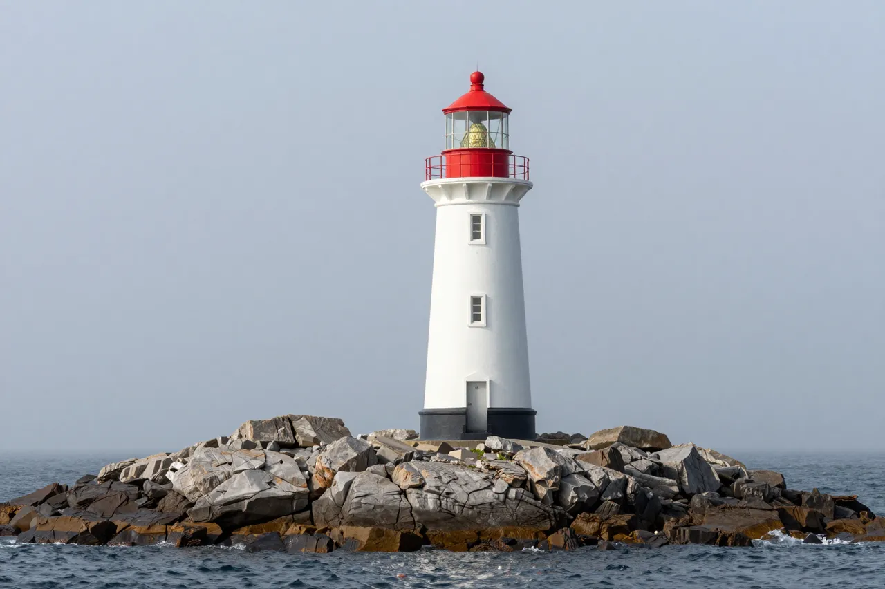 A white lighthouse with a red lantern sits on a rocky islet surrounded by calm foggy ocean