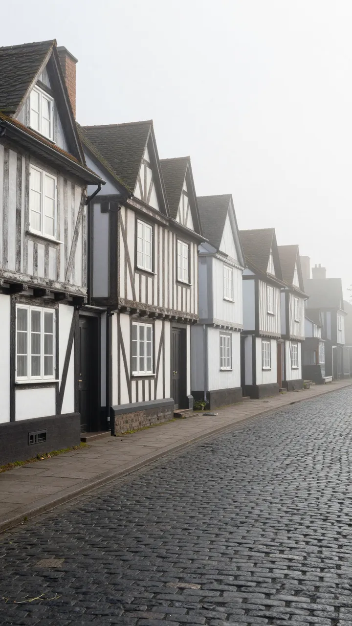 Row of historic timber-framed houses lining a wet cobblestone street in thick morning fog
