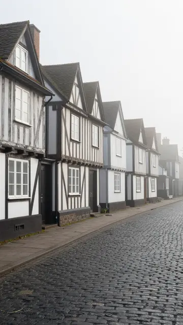 Row of historic timber-framed houses lining a wet cobblestone street in thick morning fog