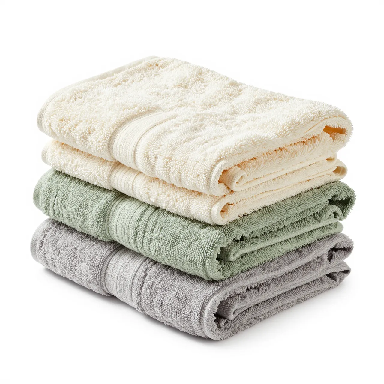 Stack of soft folded cream, sage and gray bath towels isolated on a pure white studio background