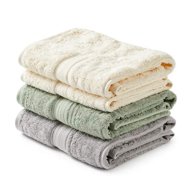 Stack of soft folded cream, sage and gray bath towels isolated on a pure white studio background