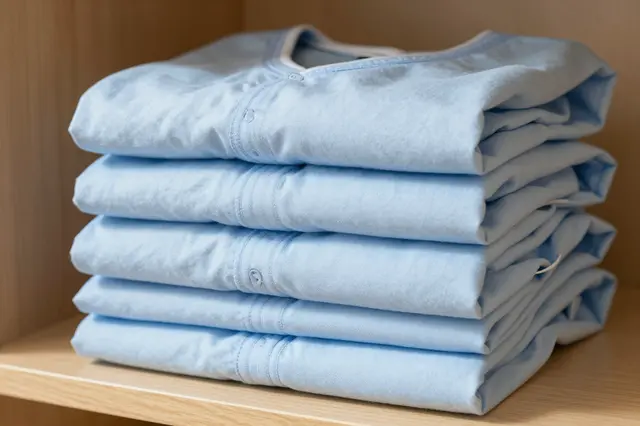 A stack of neatly folded pale blue hospital gowns rests on a light wooden shelf in soft warm light