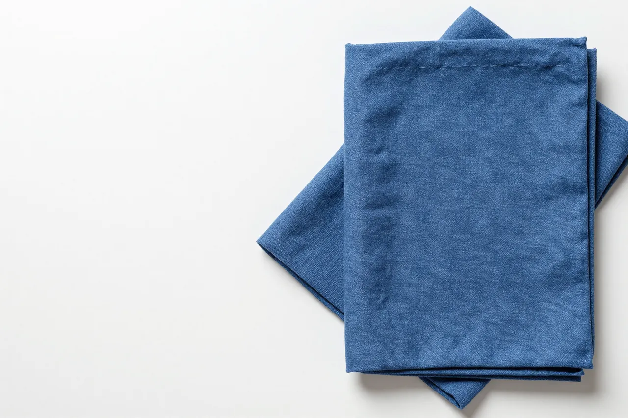 Top view of stacked folded blue linen cloth in the lower right of a plain white table with empty copy space