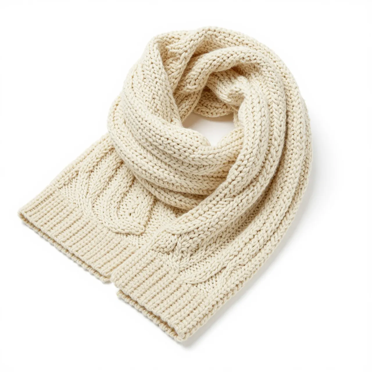 A chunky folded cream cable-knit scarf sits against a plain pure white studio background