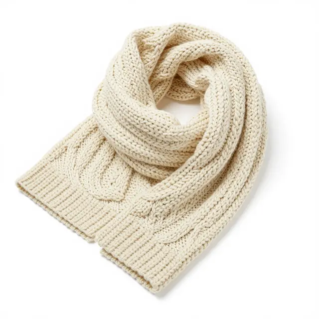 A chunky folded cream cable-knit scarf sits against a plain pure white studio background