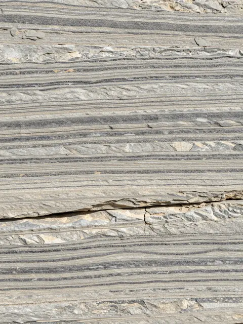 Full frame close-up of folded gneiss showing wavy alternating light and dark mineral bands