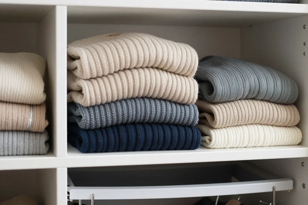 Neatly stacked folded ribbed knit sweaters sit on white open closet shelving