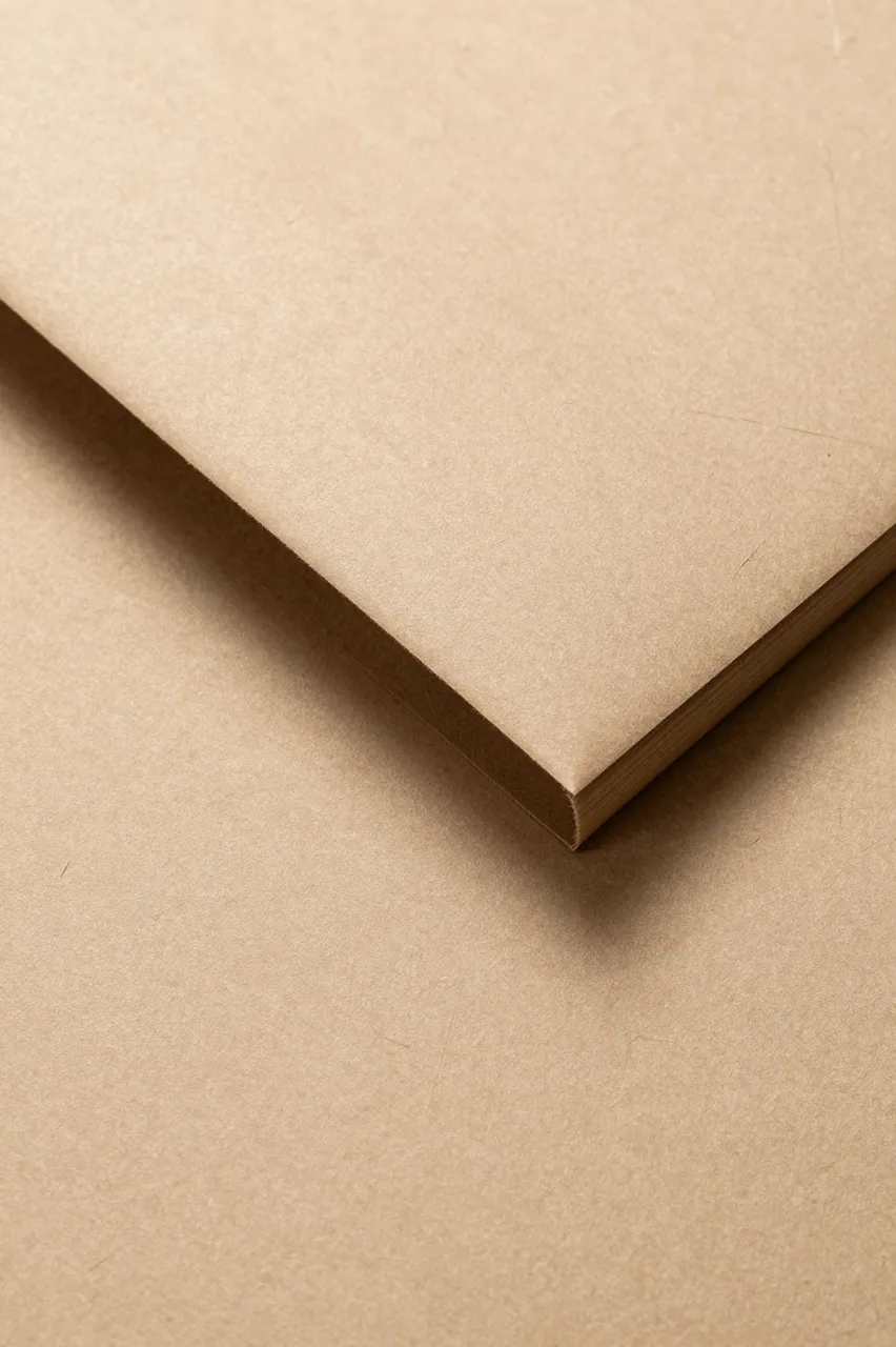 Top view close-up of light brown kraft paper with a single soft folded corner over a matching kraft paper surface